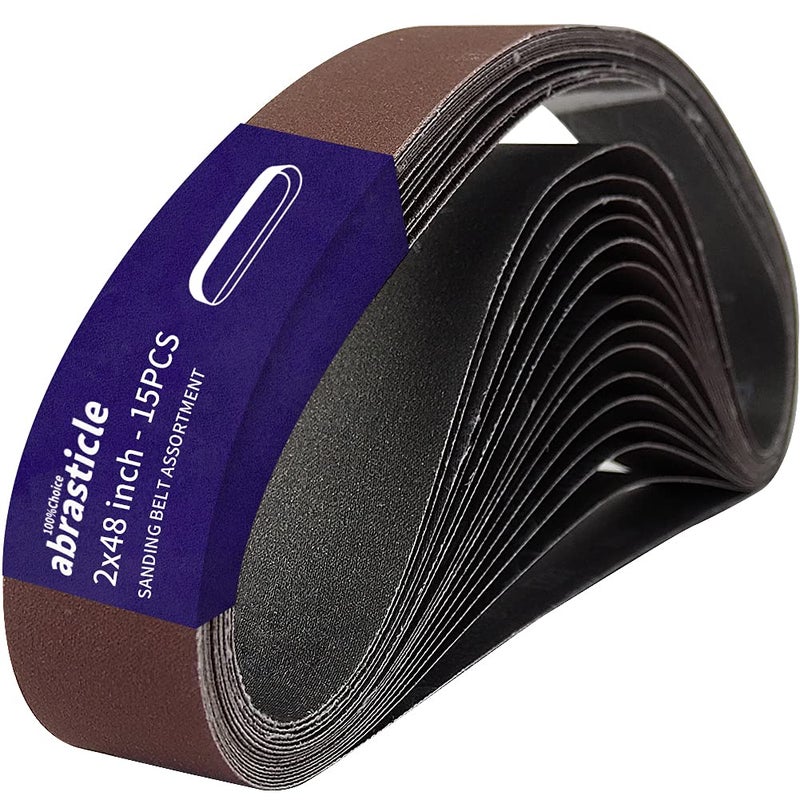 abrasticle 15 Pcs 2 x 48 Inch Assorted Aluminum Oxide Sanding Belt - 80/120/150/240/400 Grit - Image 1